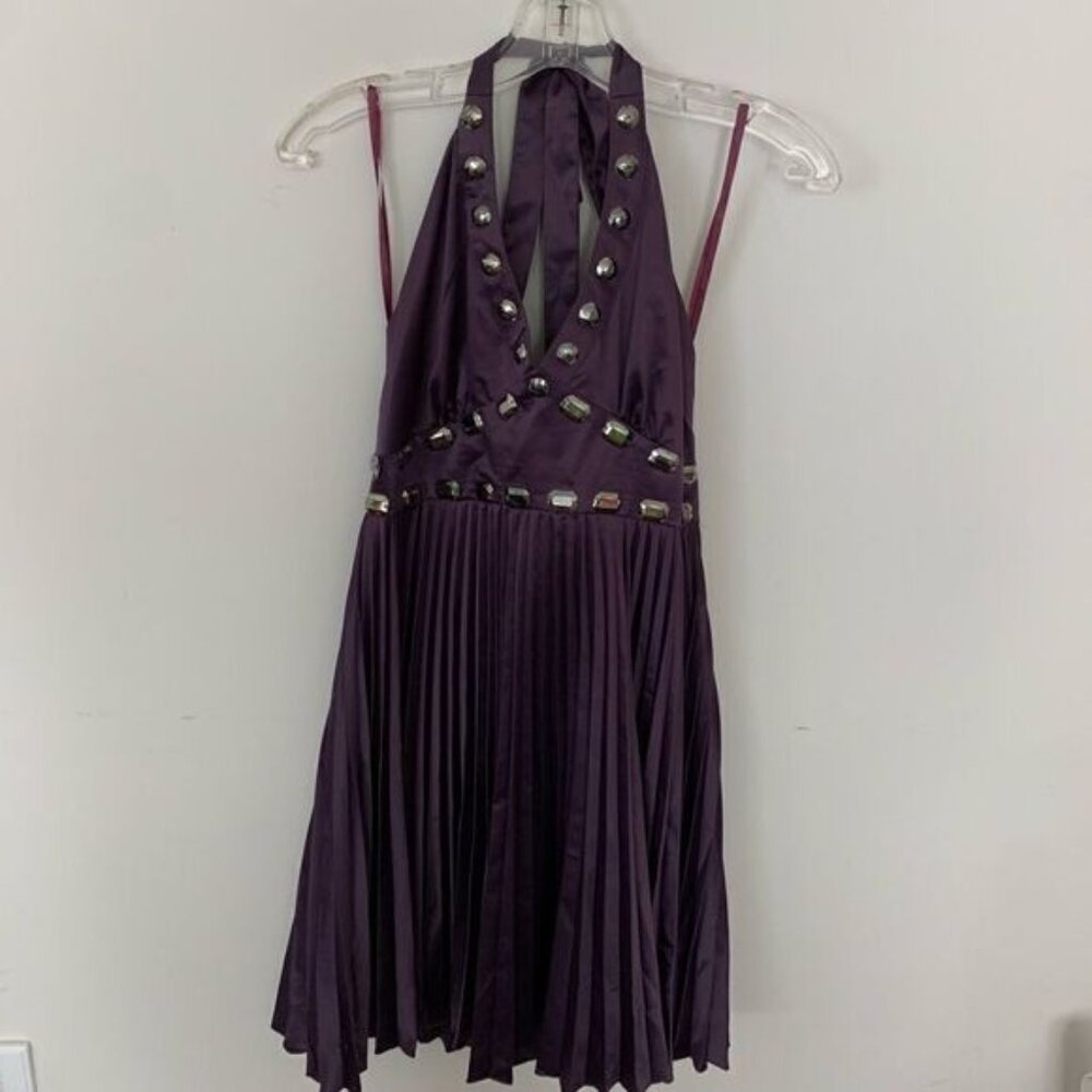 Purple Halter Pleated Satin Jewelled Dress